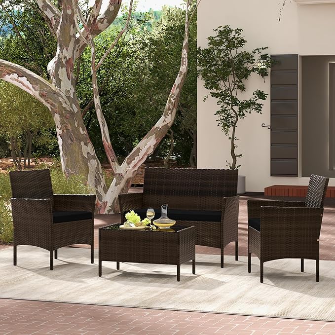 Tangkula 4 Piece Patio Rattan Conversation Set, Outdoor Wicker Furniture Set with Chair, Loveseat & Tempered Glass Table, Cozy Seat Cushions, Outside Sectional Sofa Set for Backyard, Porch (1,Black)