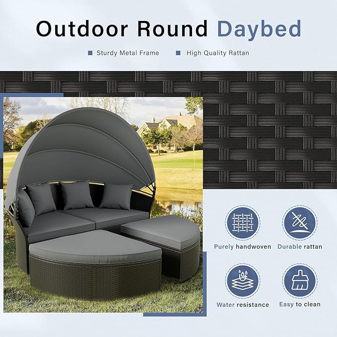 Patio Round Daybed with Canopy, Outdoor Wicker Rattan Sectional Sofa Set with Cushions, Patio Conversation Set for Backyard, Porch, Pool (Black)
