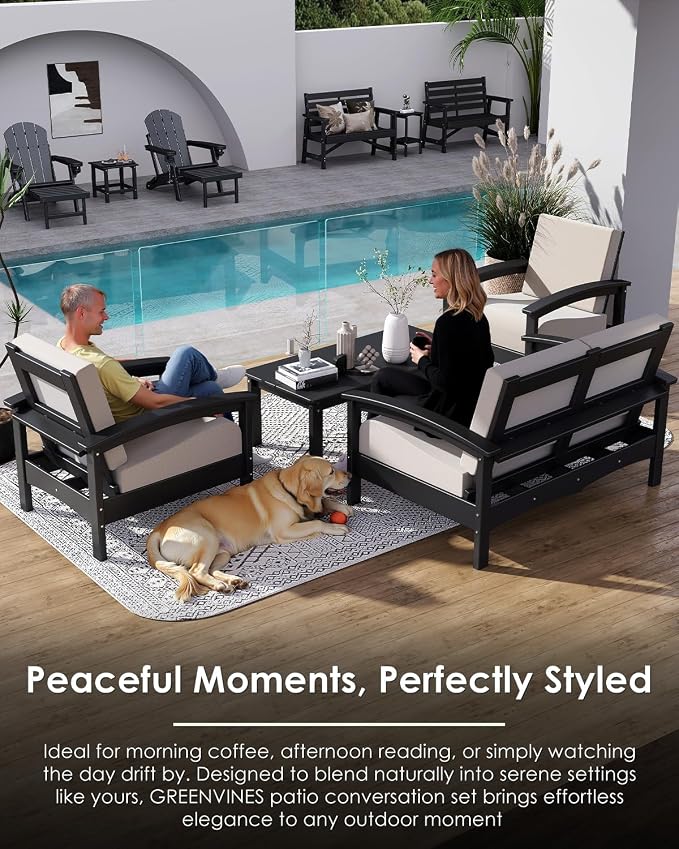 GREENVINES Deluxe 4-Piece Patio Furniture Set | HDPE Plastic | Outdoor Sectional Conversation Sets | All-Weather Couch | Sofa with Coffee Table | Black Frame w/Beige Cushion | for Porch Lawn | Black