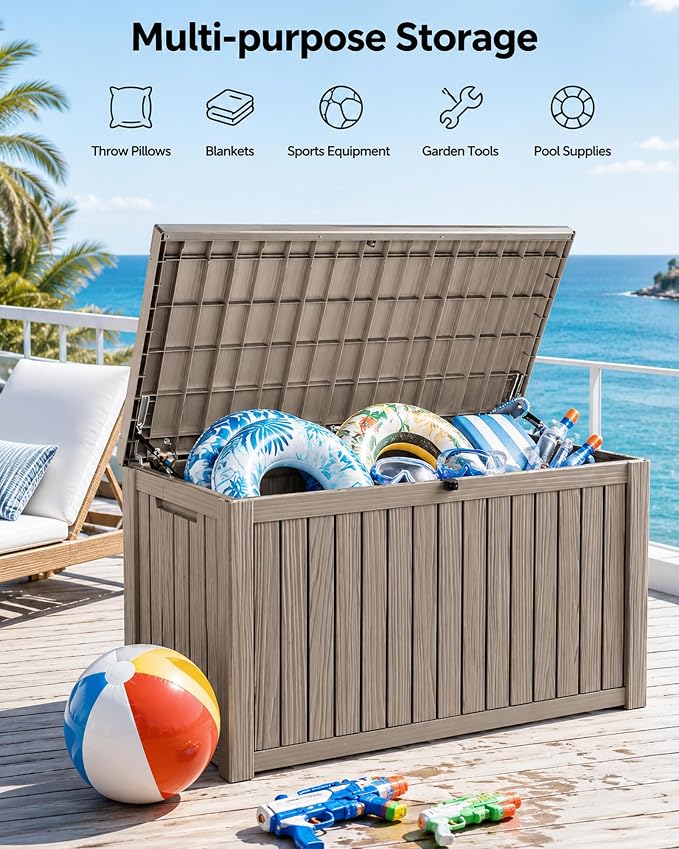 MAKINO 205 Gallon Large Waterproof Deck Box, Heavy Duty Resin Outdoor Storage Box, Outdoor Storage Bench with Hydraulic Rod for Patio/Cushions/Garden Tools/Backyard/Pool Accessories, Grey Brown