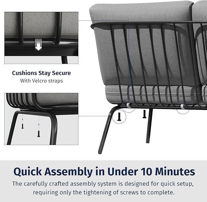 East Oak 4-Piece Plaza Patio Furniture Set, Outdoor Furniture with Thick Cushion Sofa and Coffee Table, Modern Patio Conversation Set for Balcony, Poolside and Yard, Black & Grey