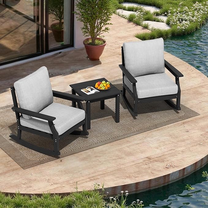 HDPE Patio Conversation Set, 3-Piece All Weather Outdoor Furniture Set with 2 Rocking Sofas for Deck, Lawn, with Cushion, Black