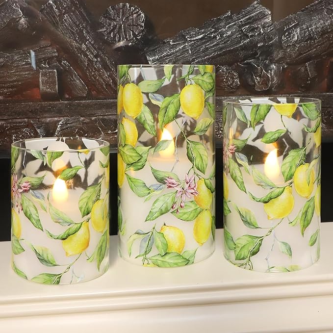 Lemon Glass Flameless Candles with Remote Timer Battery Operated LED Flicker Real Wax Pillar Candles Spring Summer Lemonade Party Kitchen Table Dinner Christmas Holiday Decor D3 x H4, 5", 6"