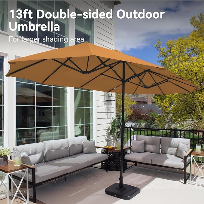 PHI VILLA 13ft Large Patio Umbrellas, Double-Sided Outdoor Market Rectangle Umbrella for Outside, Tawny