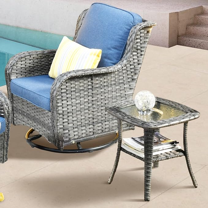 ovios Outdoor Side Table with Tempered Glass Top, Patio Wicker Rattan Bistro Coffee Tables with 2 Tiers Storage for Porch Deck Balcony Garden Poolside, Grey