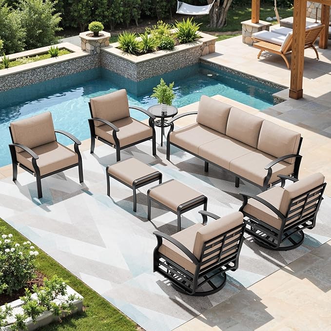 Patio Furniture Set 9-Seat Aluminum Armrest Sofa, Modern Outdoor Living Room Set with 2 Swivel Chairs, 5.1" Cushions, High Backrest & 2 Footstools, Backyard, Poolside - Sand