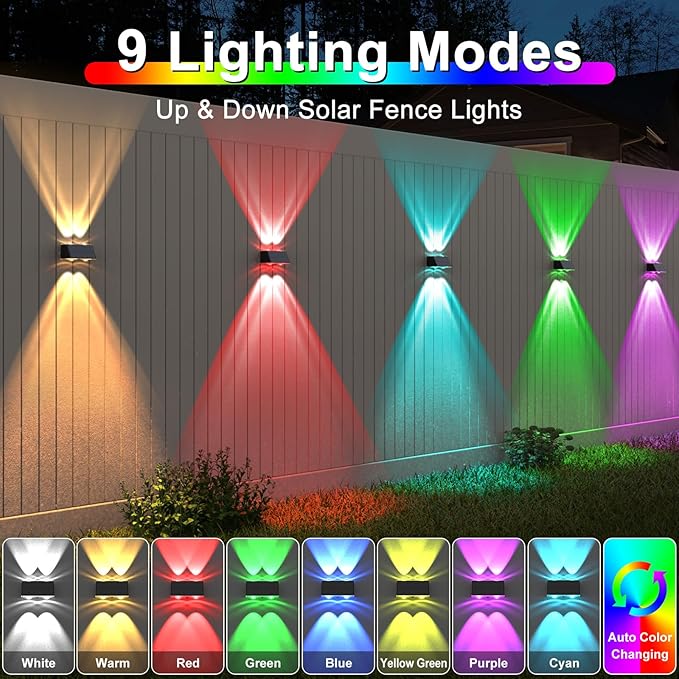 LANSOW Solar Fence Lights Outdoor, 12 Pack Solar Powered Lights Waterproof, 9 Modes Warm/Cool White RGB Up-Down Led Spot Wall Lights Dusk to Dawn Decor for Backyard, Deck, Patio, Pool, Railing(Black)