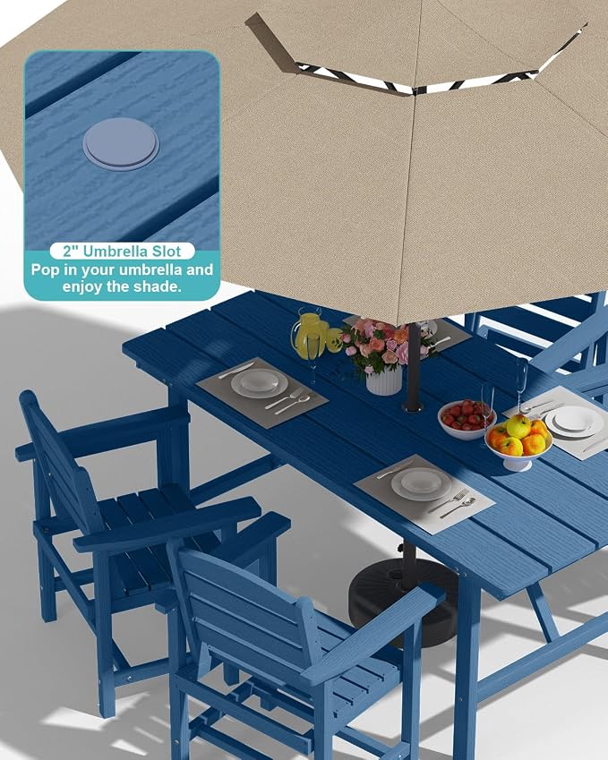 PLUUV 66" Outdoor Dining Table, All-Weather HDPE Rectangular Patio Table with 2” Umbrella Hole, Weatherproof, Navy Blue