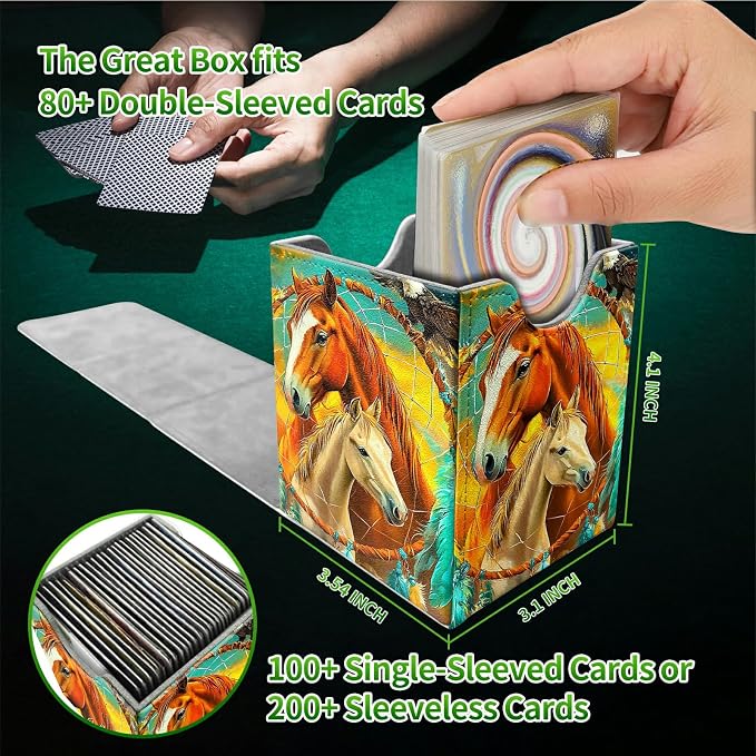 Deck Box for MTG, Cards Storage Box Fits 120+ Sleeved, Leather Medium Size Strong Magnetic Closing Card Case for Board Games Magic TCG CCG Baseball Collection, Two Horses Paving Dream Net