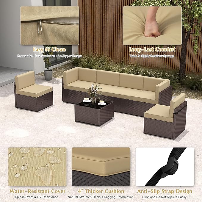 7-Piece Outdoor Patio Furniture Set, Patio Conversation Set, Patio Sectional Sofa Set with Coffee Table & Cushion for Backyard, Balcony, Garden, No-Slip, PE Wicker, Khaki/Brown