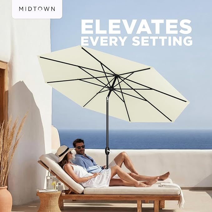 Midtown Umbrellas – The Lean 8 Ft Patio Umbrella with 10-Year-No-Fade Acrylast Acrylic Fabric, Auto-Tilt and 8 Reinforced Ribs for Deck, Pool, Garden, Hotel & Cafes – Canvas Cream Canopy, Black Pole