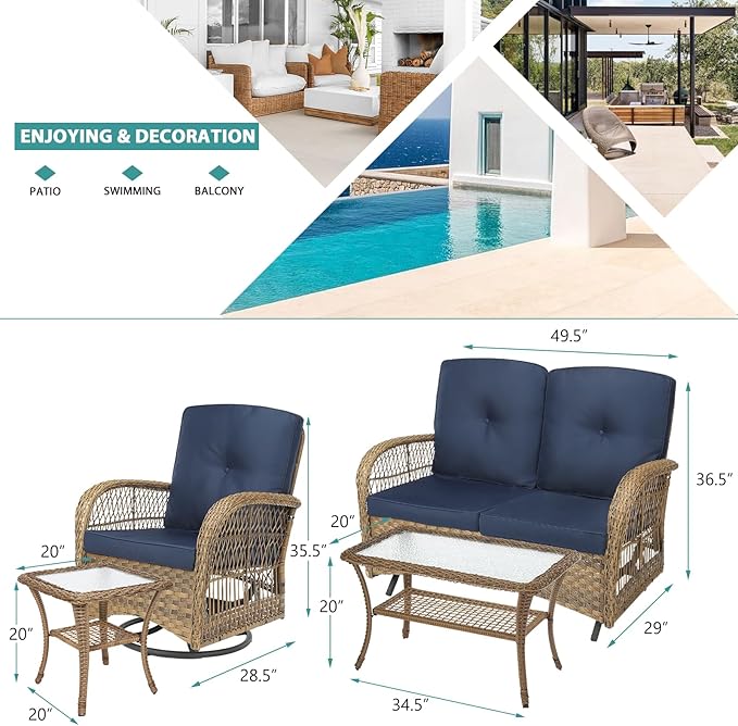 MEETWARM 5 Pieces Outdoor Patio Rattan Furniture Sets, All Weather Patio Wicker Conversation Set - 2 Rocking Swivel Chairs 1 Rattan Loveseat Glider w/Cushions, 2 Glass-Top Coffee Table, Navy Blue