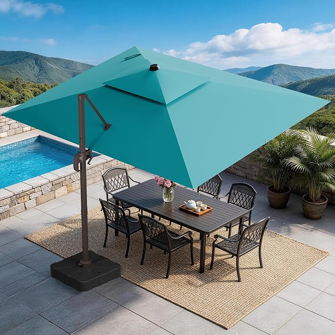 GENTEACO 9x12FT Cantilever Patio Umbrella, Double Top Rectangle Offset Umbrella 7 Angle Tilts & 360° Rotation, Large Heavy Duty Outdoor Sun Umbrella for Pool Market, Turquoise Blue