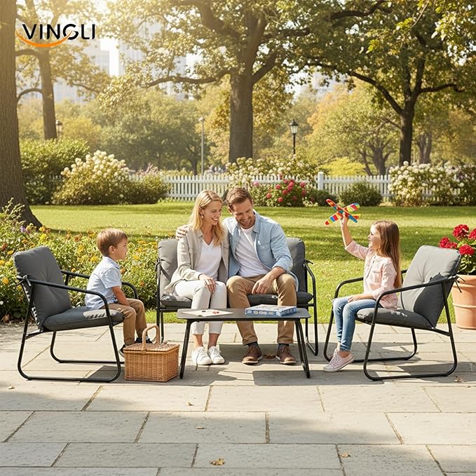 VINGLI 4 Piece Patio Conversation Set, Outdoor Furniture Set with Glass Coffee Table & Comfortable Cushion, All-Weather Cushioned Seating for Garden, Backyard, Porch, Grey