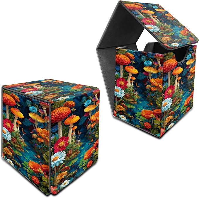 Mushroom Red Flower Card Deck Box for MTG, Personalized Card Storage Case Fits 120+ Sleeved Cards, Premium Leather TCG Box with Strong Magnetic Closure for Magic, CCG, PTCG, Baseball Cards