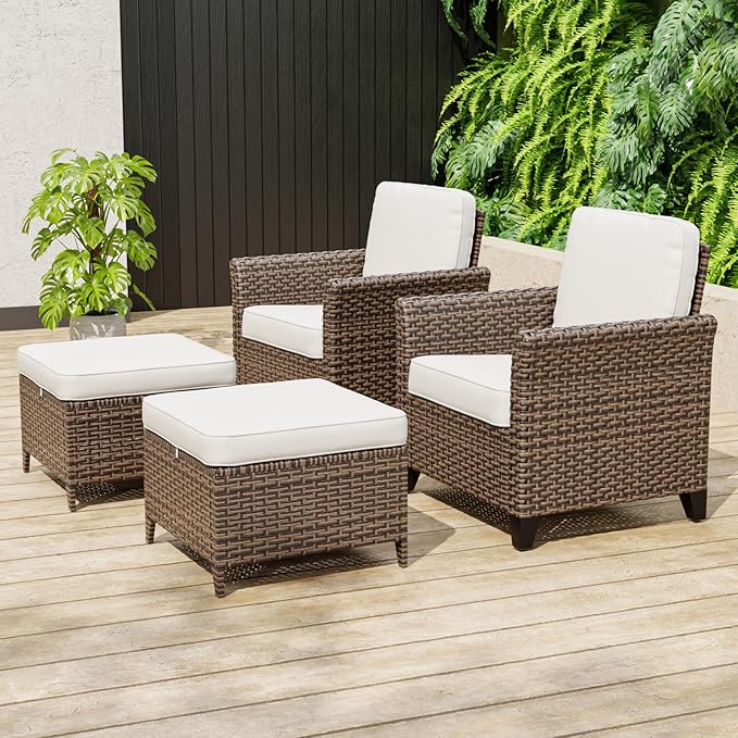 COOS BAY Harbor Retreat 4 Piece Outdoor Furniture Set, Patio Conversation Set with Patio Chairs and Ottomans, Wicker Furniture, Brown/Beige