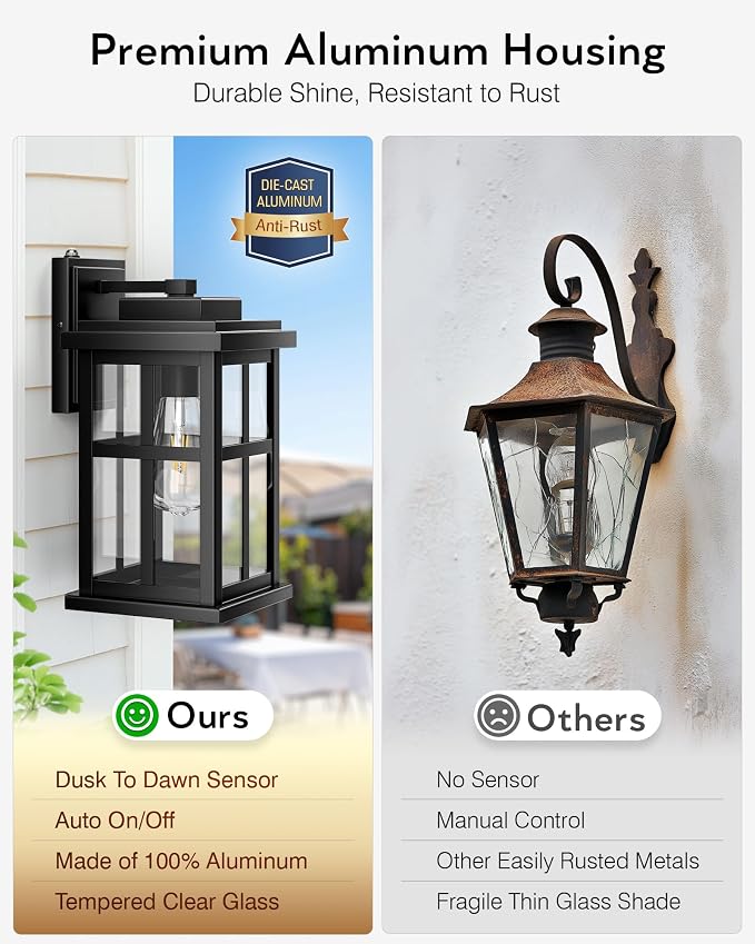 Large Outdoor Wall Lights Dusk to Dawn, Black Lights for House, Waterproof Exterior Lighting Fixtures, Outdoor Light Fixture with Tempered Glass for House, Porch, Garage, Doorway,1 Pack