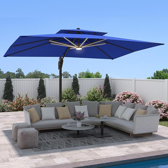 9 X 12 FT Cantilever Outdoor Patio Umbrella with LED Lights Large Heavy Duty 360° Rotation Double Top Offset Rectangular Umbrellas for Backyard Garden Pool Outside Deck, Navy
