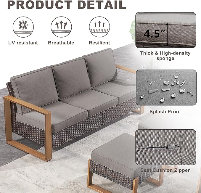 Rilyson Outdoor Couch Wicker Patio Sofa, Rattan Patio Furniture Sofa with Sturdy Frame,All-Weather PE Wicker,Wide Armrest,Deep Seating and Thick Cushions for Deck Porch Garden(Brown/Grey)
