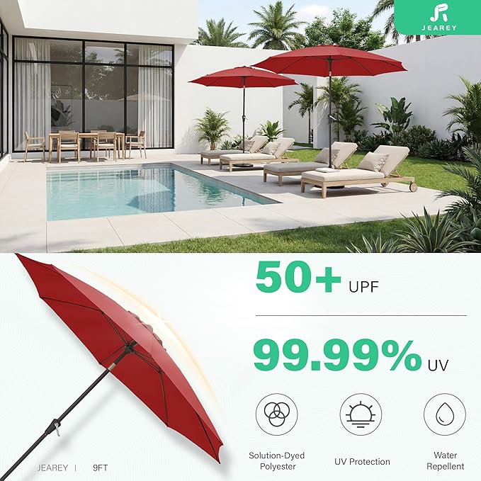 JEAREY 9FT Outdoor Patio Umbrella,Market Table Umbrella with 8 Fiberglass Ribs, Pool Umbrella with Tilt and Crank, UV Protection Lightweight & Wind-Resistant for Lawn, Garden, Deck and Backyard, Red