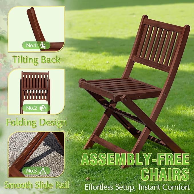 Greesum 5 Piece Patio Dining Set Outdoor Acacia Wood Furniture All-Weather Folding Round Table and Chairs for Backyard, Balcony, Porch, Deck, Garden, Dark Brown