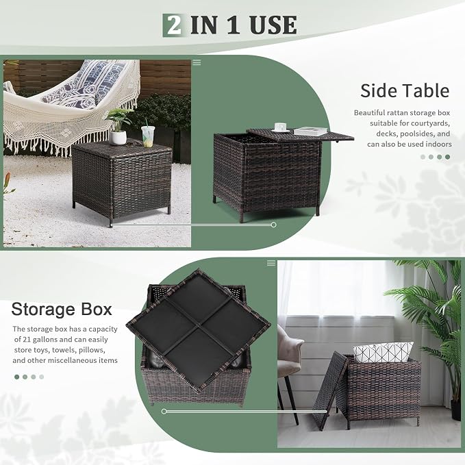 Outdoor PE Wicker Side Table with Storage, Patio Rattan End Table Square Container for Furniture and Gardening Tools