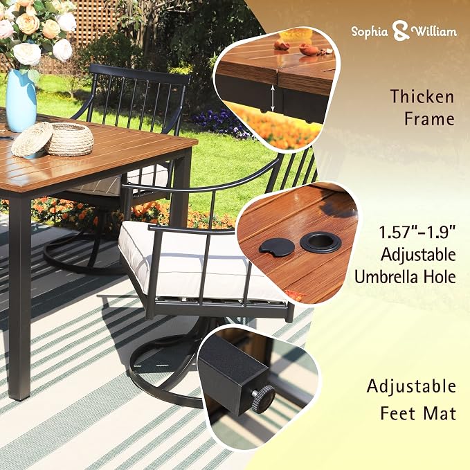 Sophia and William Patio Dining Set, 5 PCS | E-Coated and Steel, Square Table, Straight Legs Chairs, Umbrella Hole, Weather-Resistant