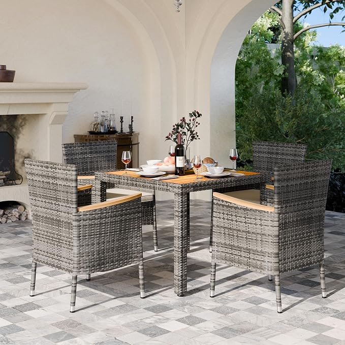 Vongrasig 5 Piece Small Patio Dining Set, Space-Saving Outdoor Wicker Furniture Conversation Set with Wood Table and Cushioned Rattan Chairs for Lawn, Garden, and Backyard (Gray)