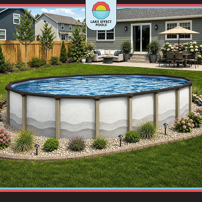 Lake Effect Pools 'Cozumel' 12 ft x 24 ft Oval Above Ground Swimming Pool | 52 Inch Resin Protected Steel Sided Walls | Bundle Includes: 25 Gauge Overlap Liner & Widemouth Skimmer