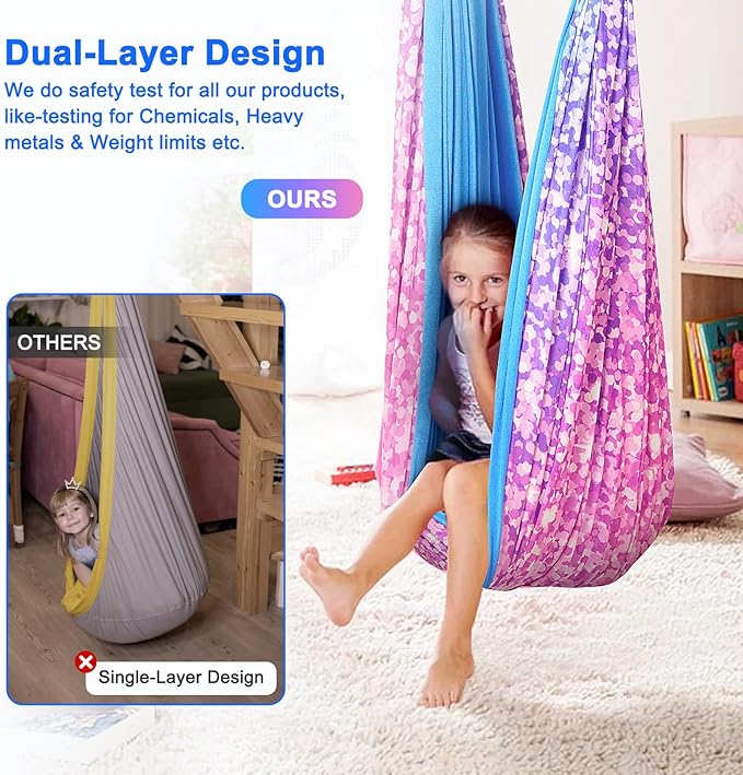 Sensory Swing for Kids Indoor - Outdoor Double-Layer Hammock Swing Special Needs Sensory Joy Therapy Cuddle Chair with 360° Swivel Hanger Kit Adjustable Swing for Aspergers Autism ADHD Adults