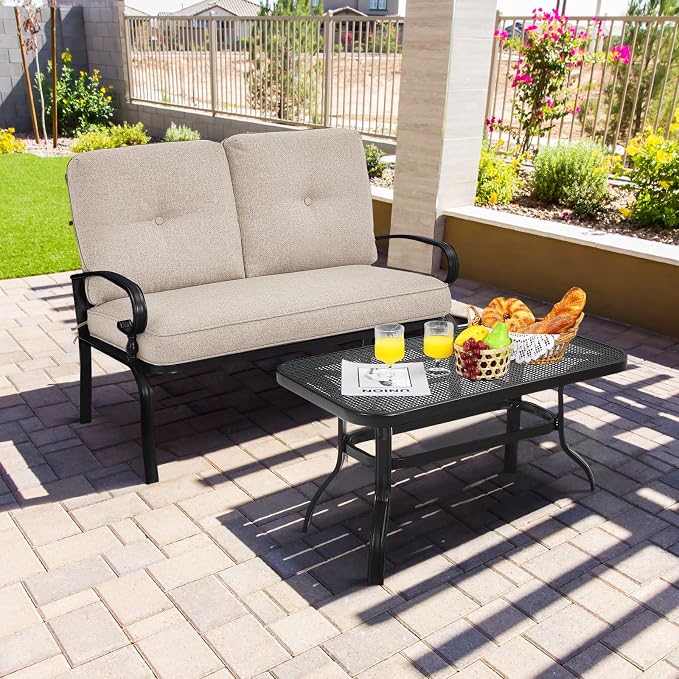 RELAX4LIFE Patio Loveseat with Coffee Table - 2-Piece Patio Conversation Sofa Set w/Backrest & Cushions, Modern Outdoor Glider Bench for Garden, Backyard, Poolside, Metal Porch Furniture (Beige)