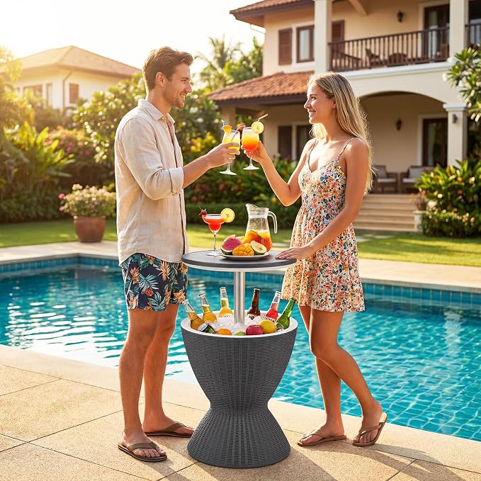 Outdoor Cooler Table, Adjustable Cool Bar with 8 Gal Ice Bucket, Drain Plug | 3-in-1 design, durable rattan-style finish, easy assembly, simple cleanup, stylish outdoor entertaining solution