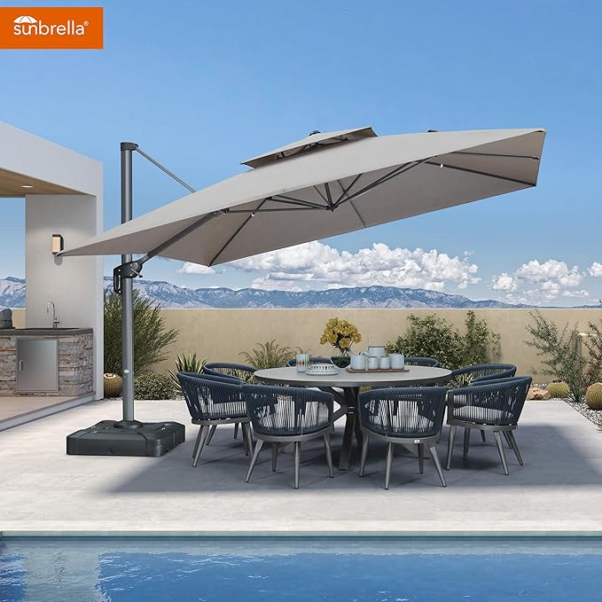 PURPLE LEAF Patio Umbrella with Base Included 12FT Outdoor Double Top Large Offset Hanging Cantilever Umbrella 360° Rotation Square Umbrella for Garden Deck Pool Backyard Cast Ash