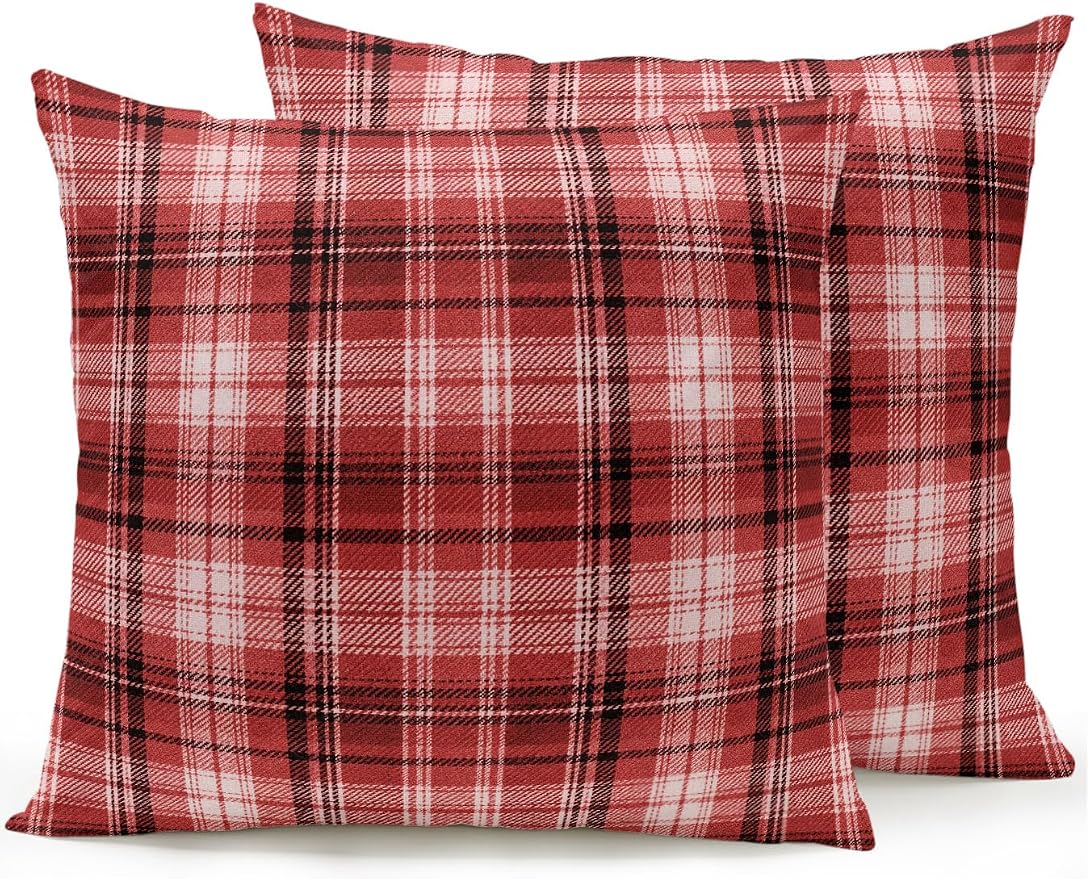 Waterproof Outdoor Pillow Set of 2 Red Checked Plaid Decorative Throw Pillows Cover & Insert 18x18 Inch Pillowcase Stripes Woven Grid Square Pillows for Couch Sofa Bed Patio Furniture Indoor Outdoor