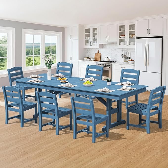 SERWALL 9 Piece Outdoor Dining Set, 84" HDPE Outdoor Table and Armless Chairs Set for 8，All Weather Patio Furniture Set with Umbrella Hole for Backyard, Garden, Blue