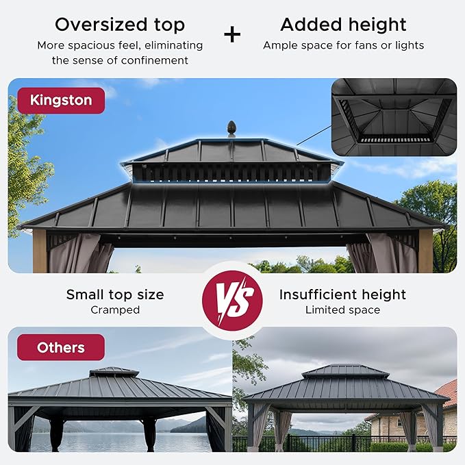 SUNJOY Kingston 12' x 10' Hardtop Wood Gazebo with Galvanized Steel Double Roof, Curtain and Netting, Cedar Posts Permanent Pavilion Gazebo for Garden, Patio, Deck, Lawn