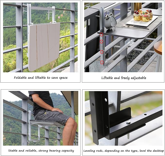 Adjustable Height Folding Balcony Railing Bar for Outdoor/Indoor Use - Versatile Patio & Deck Hanging Rail with 4-Level Height Adjustment (60x35cm / 23.6x13.8in)