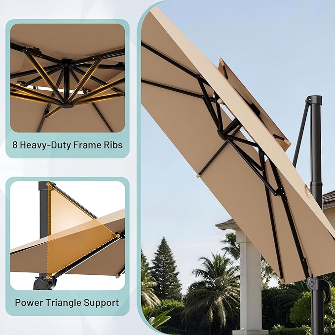 AreShark 10×10FT Double-Top Cantilever Patio Umbrella, Square Offset Umbrella with 360 Degree Rotation, Heavy Duty Patio Umbrella for Garden Deck Pool, 5 Tilt Angles, Beige