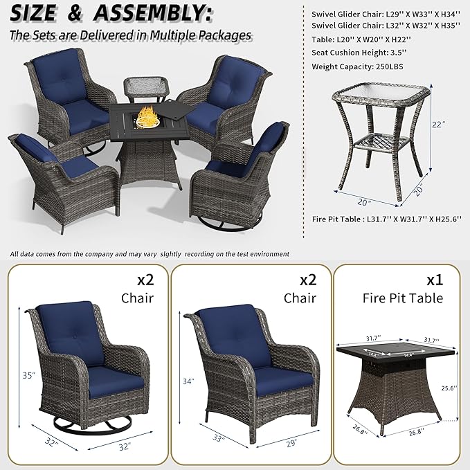 6 Pcs Patio Furniture Set with Fire Table-31'' Fire Pit Table, 1 Side Table, 4 Outdoor Rattan Wicker Conversation Chairs (2 Fixed & 2 Swivel) （Blue）