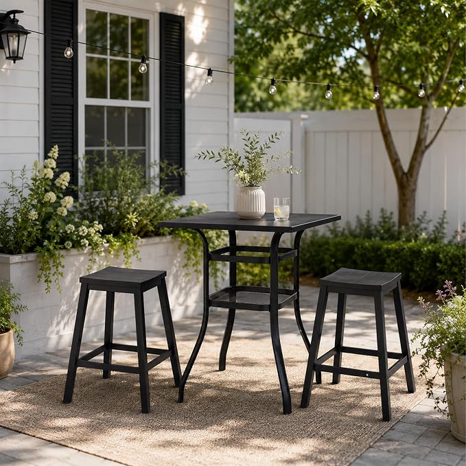 Kozyard 3-Piece Patio Bar Set with 2 Counter Height Bar Stools, Outdoor Bistro Table Set with Marble-Look Tabletop & Storage Shelves, All-Weather Bar Height Dining Set for Backyard, Balcony