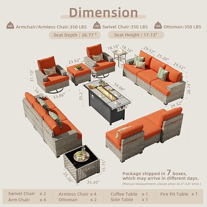 15-Piece Outdoor Sectional Sofa Set w/ 54" Fire Pit – L-Shaped Wicker Patio Furniture, Deep Seating & Swivel Rockers, Red