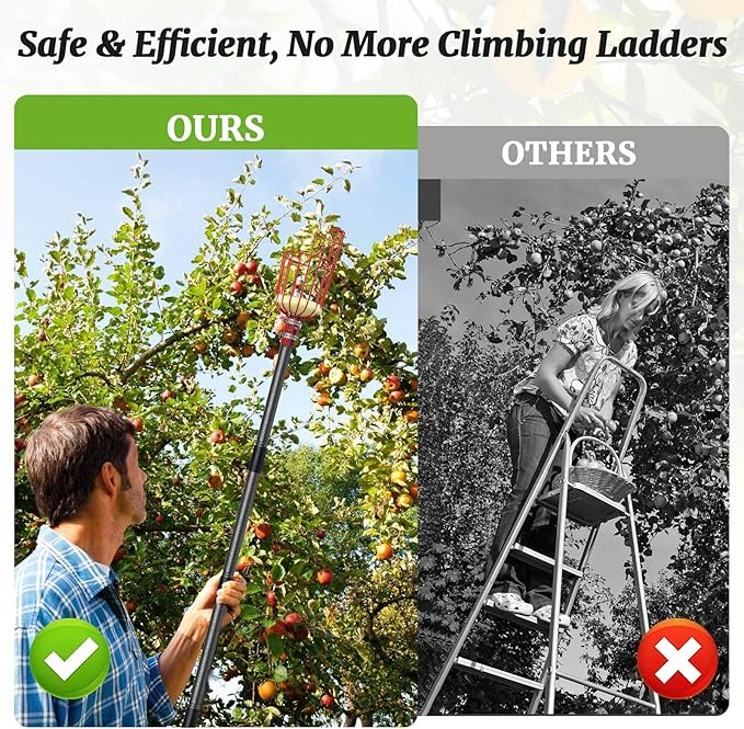 13FT Fruit Picker, Long Reach Fruit Picker Tool with Basket & Adjustable Stainless Steel Handle, Fruit Grabber for Apple Mango Avocado Orange Lemon, Easy Assembly & No Ladder Needed for Tall Tree