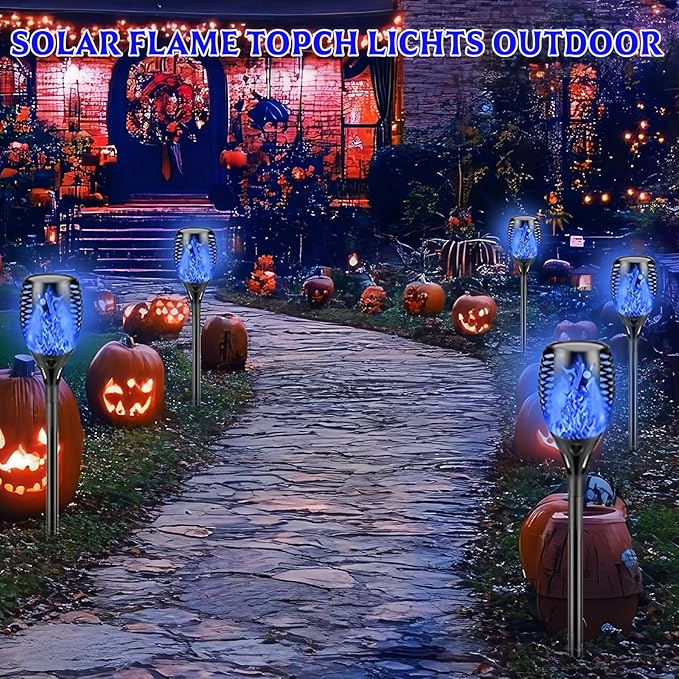 Solar Torch Light with Flickering Flame,4Pack Solar Lights Outdoor,Waterproof Solar Powered Yard Garden Lights,Solar Flame Light,Torches Lighting for Outside Patio Lawn Path Decorations (Blue)