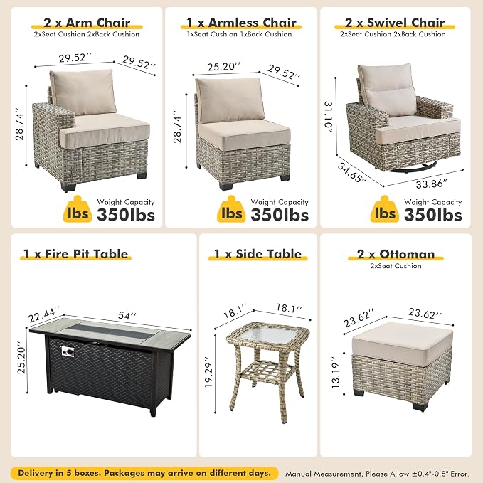 9 Pcs Outdoor Sectional Patio Furniture Set with Fire Pit Table and Swivel Rocking Chairs - All Weather Wicker Modular Outside Sectional Couch,Patio Seating Outdoor Conversation Sets,Beige