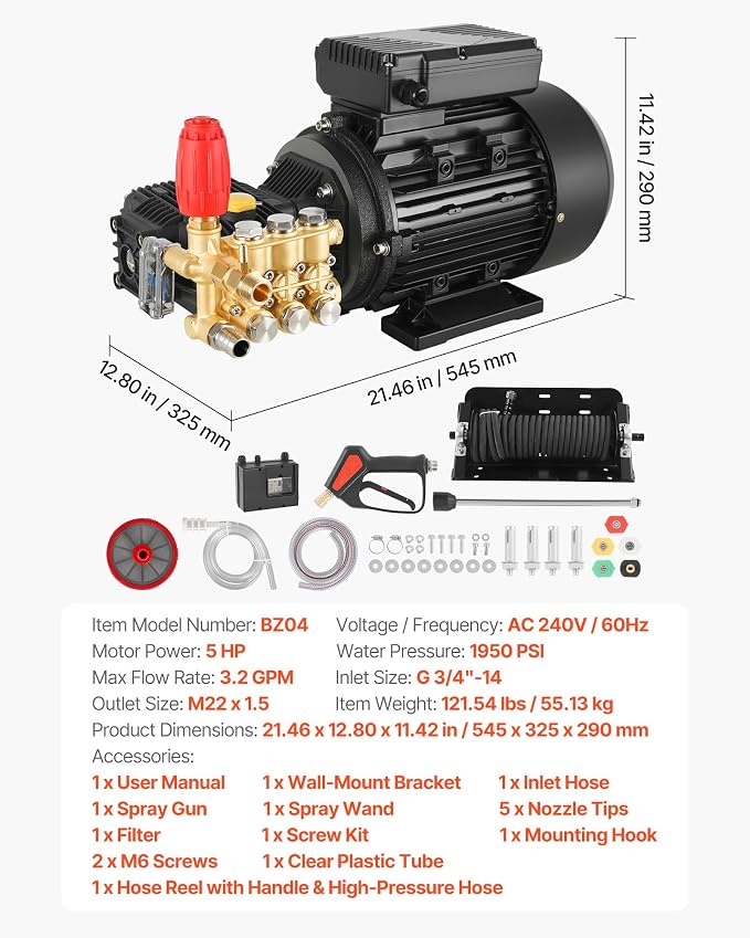 VEVOR Electric Pressure Washer Pump Kit, 1950 PSI, 3.2 GPM, Triplex Power Washer Pump with 5 HP Motor 240 V, Includes Wall Mount Bracket, Spray Gun, Wand, Hose, 5 Nozzles, for Washing Cars, Gardens