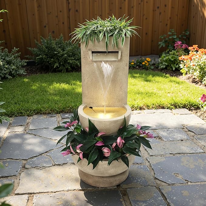 LuxenHome 33" Outdoor Water Fountain with Planter, Resin Outdoor Fountain with LED Lights, Garden Water Feature for Backyard, Porch