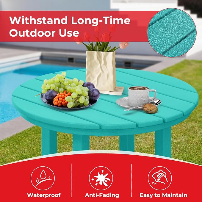 Costaelm Outdoor Bar Table, 42" Counter Height Round Patio Cocktail Bar Table, Patio Bar Table 3-Pieces Set Bistro Dining Table Pub Table for Deck, Backyard, Garden, Turquoise