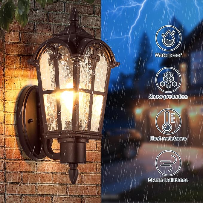 16’’ Large Outdoor Wall Light Fixtures, Exterior Wall Lantern Sconces | Waterproof, Rust-resistant, Matte Brown, Water Ripple Glass, Quick & Easy Installation, Retro & Traditional