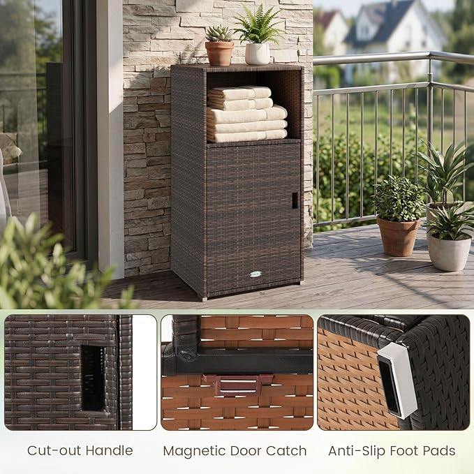 Tangkula Rattan Outdoor Storage Cabinet, Patiojoy PE Wicker Outdoor Cabinet with 3 Storage Shelves, Open Compartment and Door, Patio Storage Deck Box for Porch, Poolside, Backyard