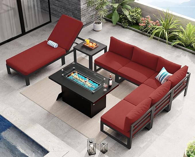 NICESOUL 8 Pcs XL Aluminum Patio Sectional Furniture Set with Chaise & Fire Pit Table, 500 lbs Heavy Duty Anti-Rust Outdoor Couch, 29" Deep Wide Seating, High End Conversation Sofa for Poolside, Red